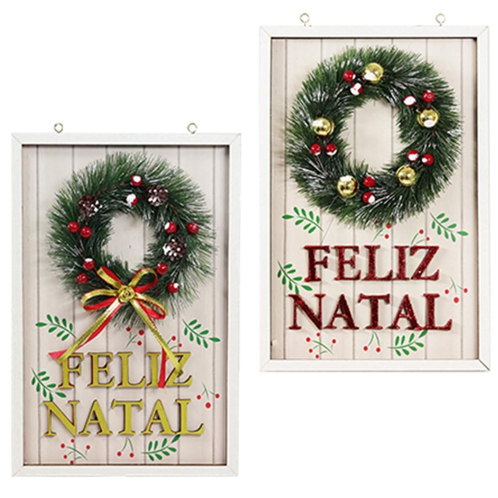 Quadro De Madeira Feliz Natal Com Guirlanda 30X20cm
