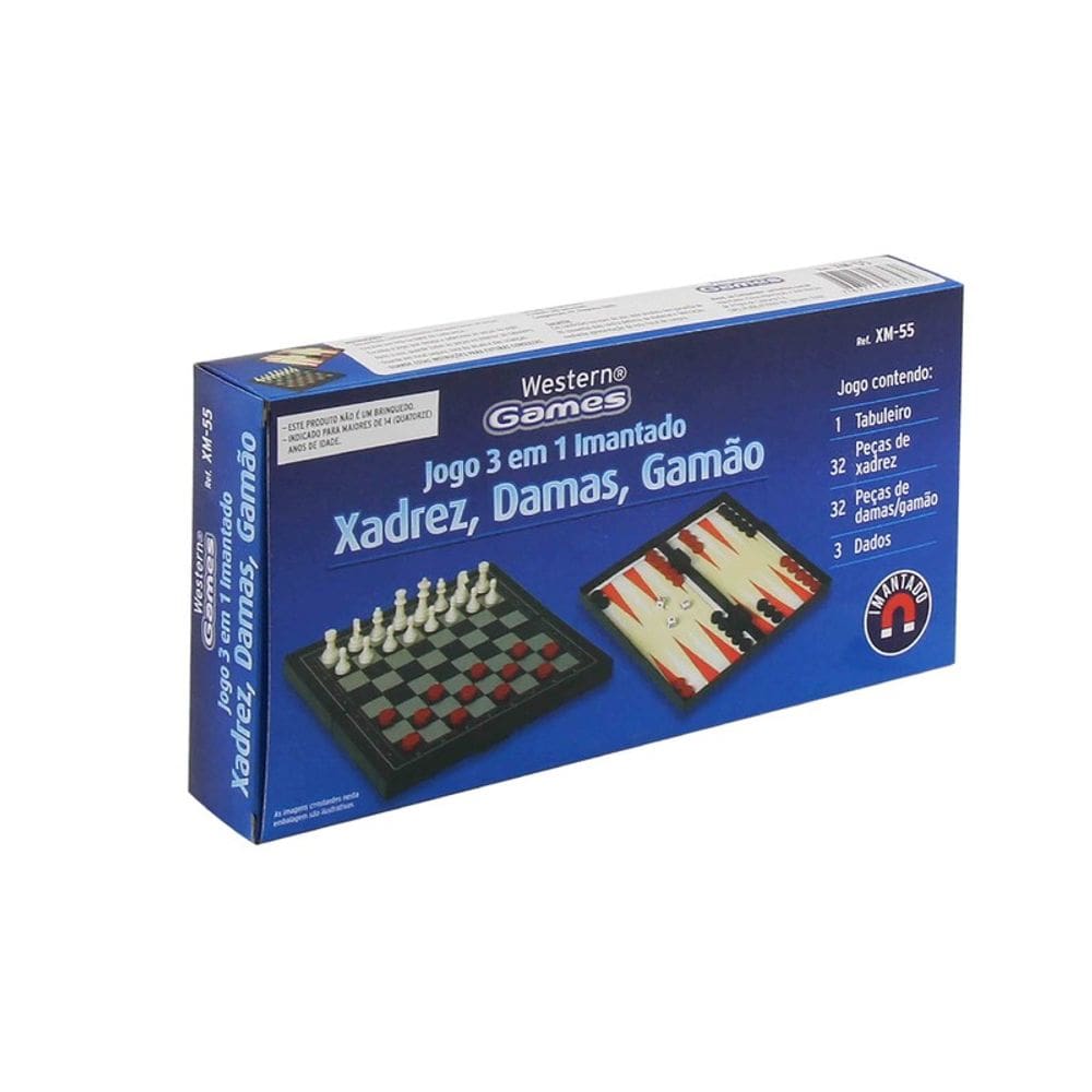 Jogo 3 em 1  imantado Xadrez Dama e Gamão