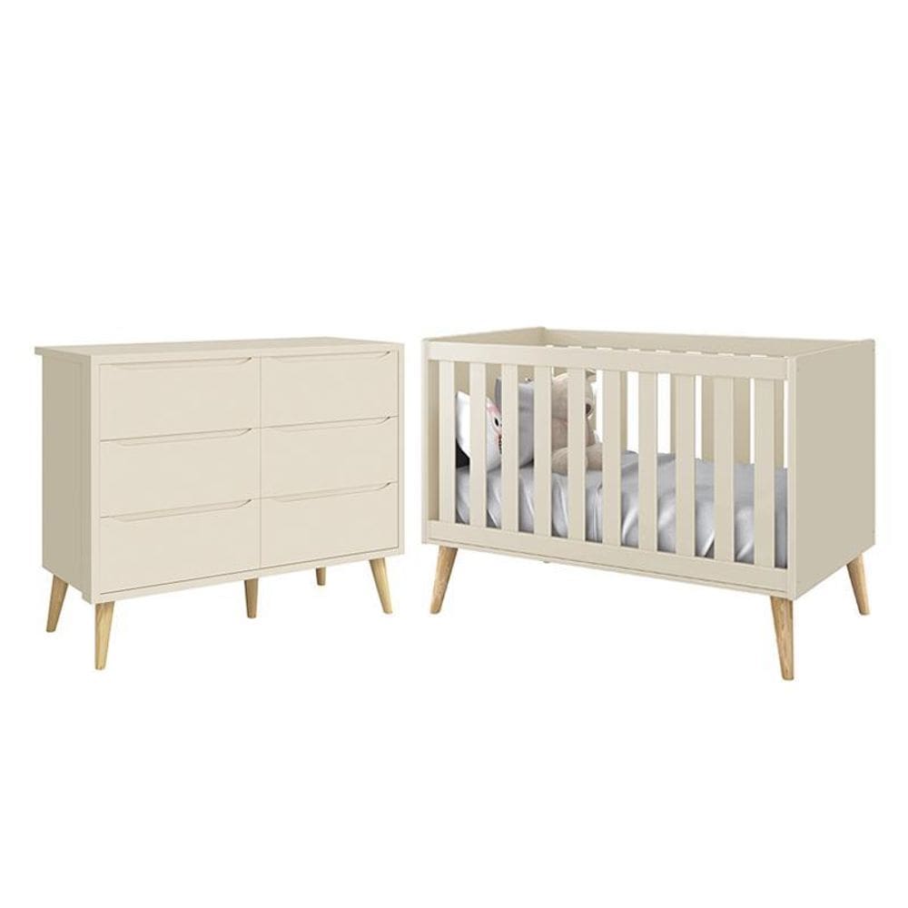 Jogo de Quarto Infantil Theo Cômoda 6 Gavetas e Berço com Pés Madeira Natural- Reller Móveis