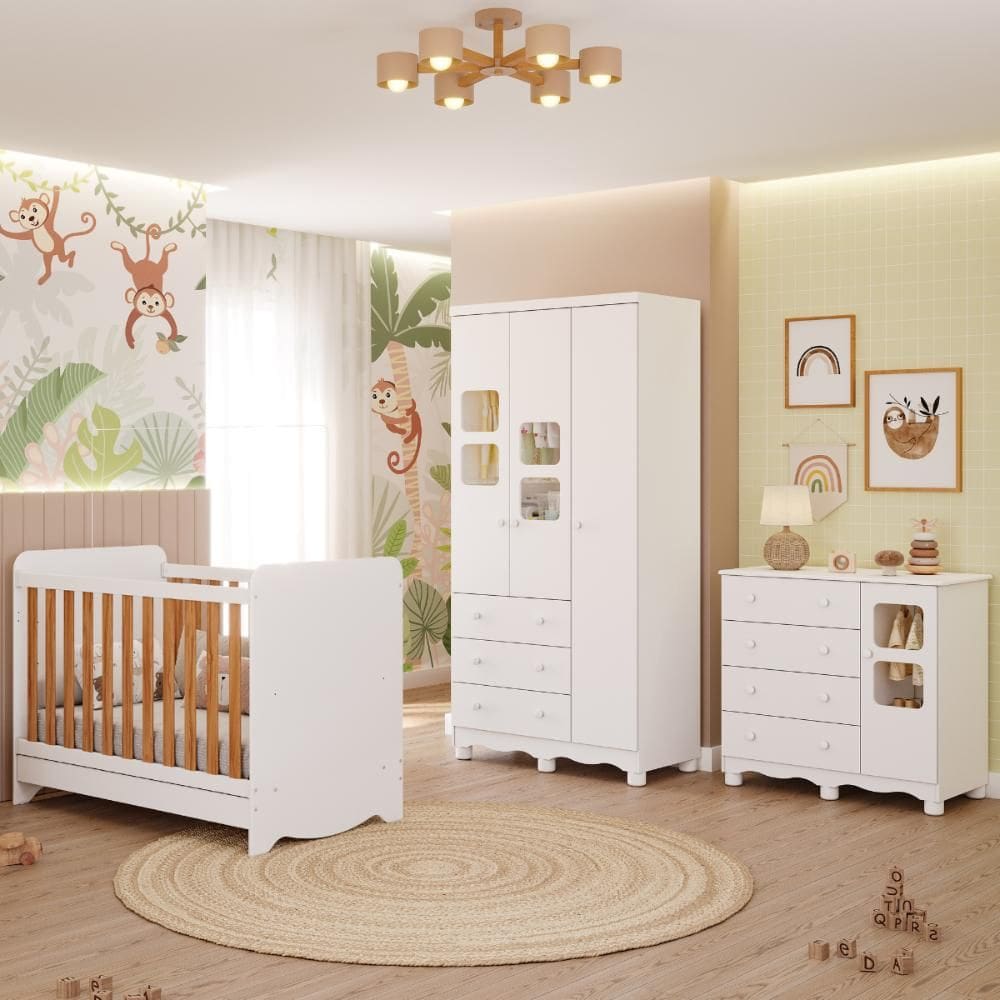 Quarto de Bebê Completo com Berço Americano Ben 3 Em 1 Guarda Roupa 3 Portas e Cômoda Uli 4 Gavetas 100%MDF Móveis Peroba