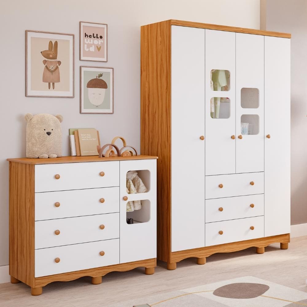 Quarto de Bebê Completo com Guarda Roupa Uli 4 Portas Cômoda Uli 4 Gavetas 100%MDF Móveis Peroba
