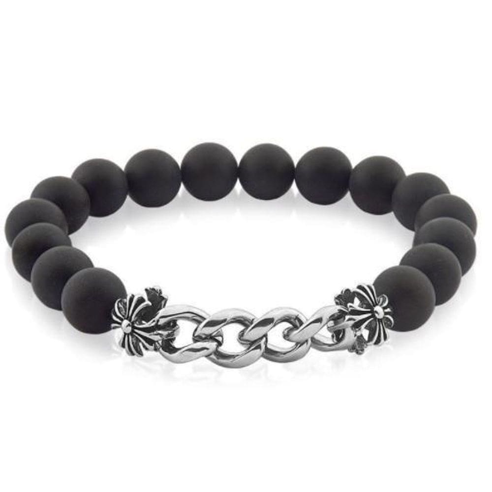 Pulseira Masculina Pedras Vulcânicas E Elos Lisos Em Aço