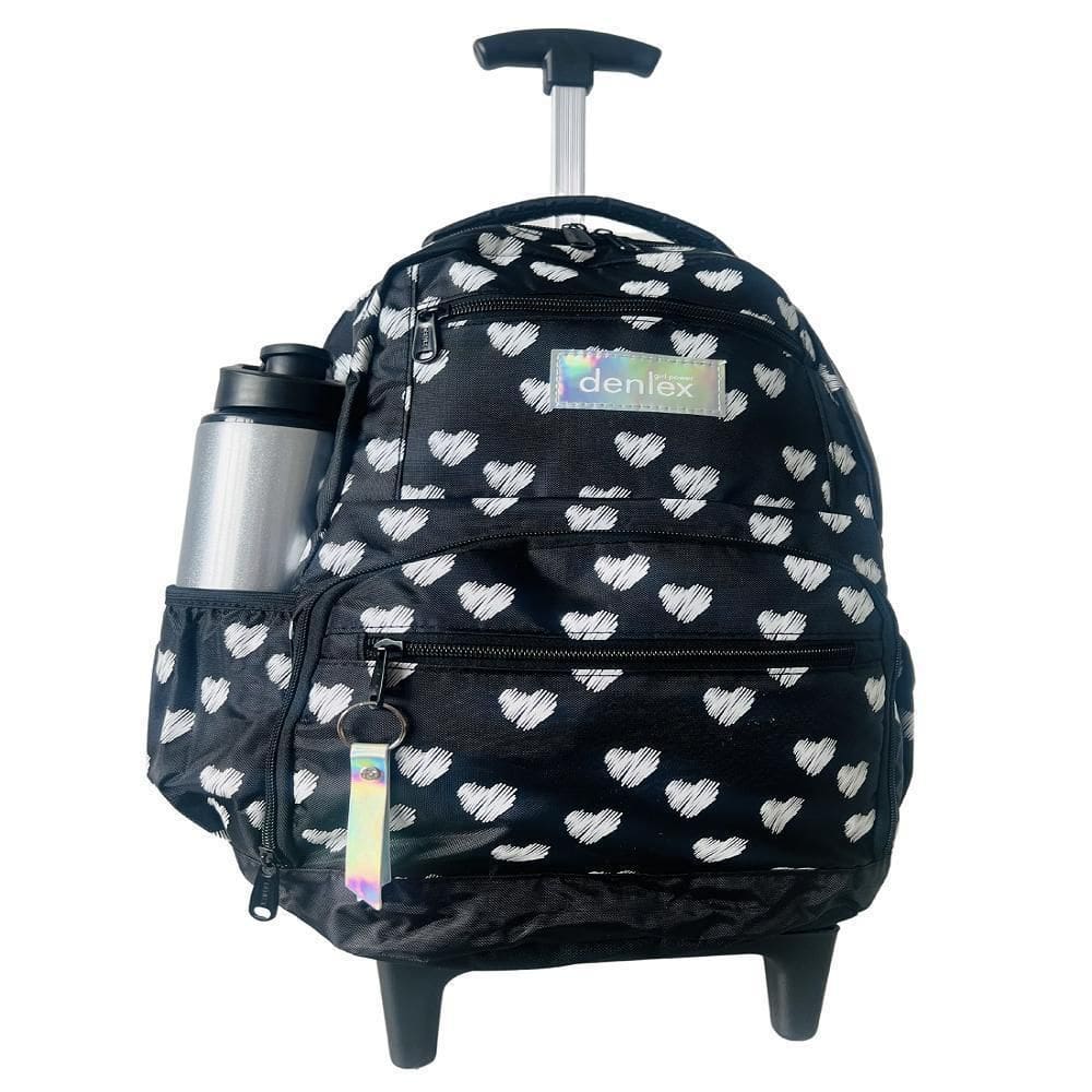 Mochila Bolsa Rodinhas Feminina Escolar Preta Coração Menina
