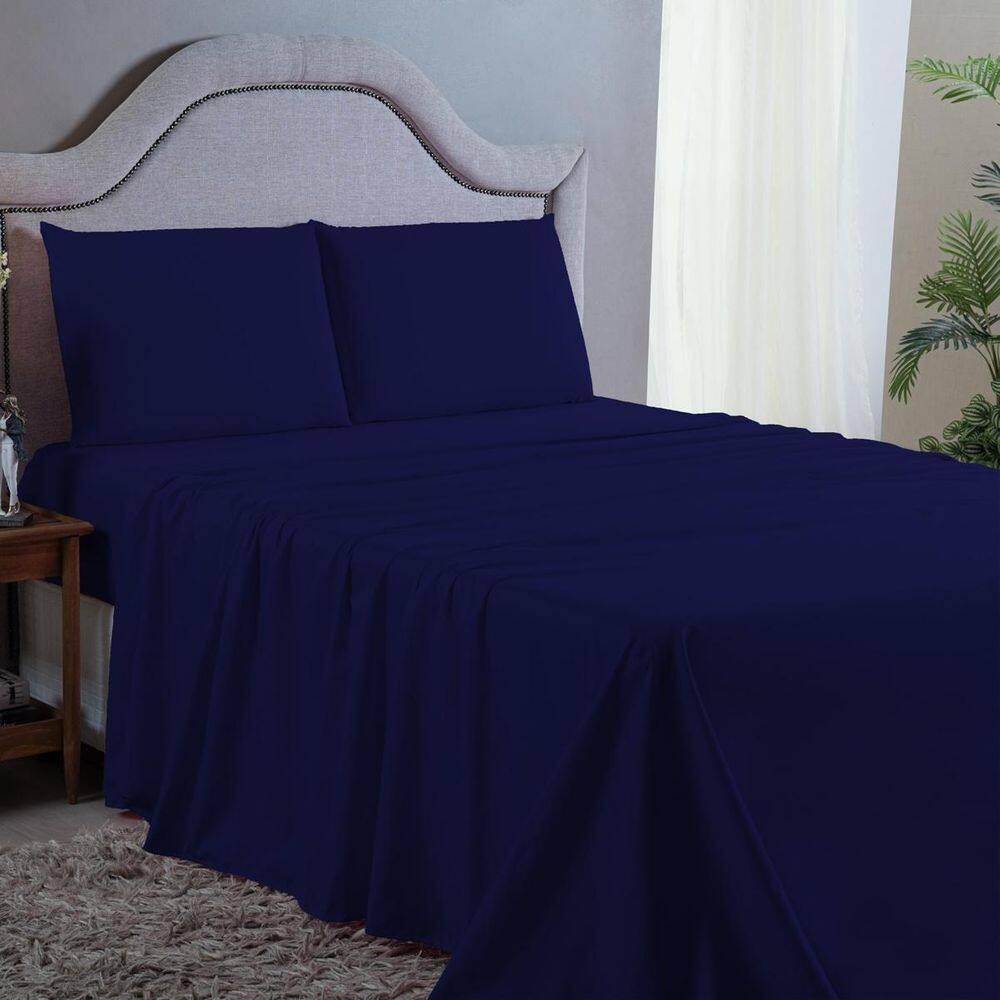 Jogo de Cama Casal 4 pç Premium 400 Fios Azul Marinho