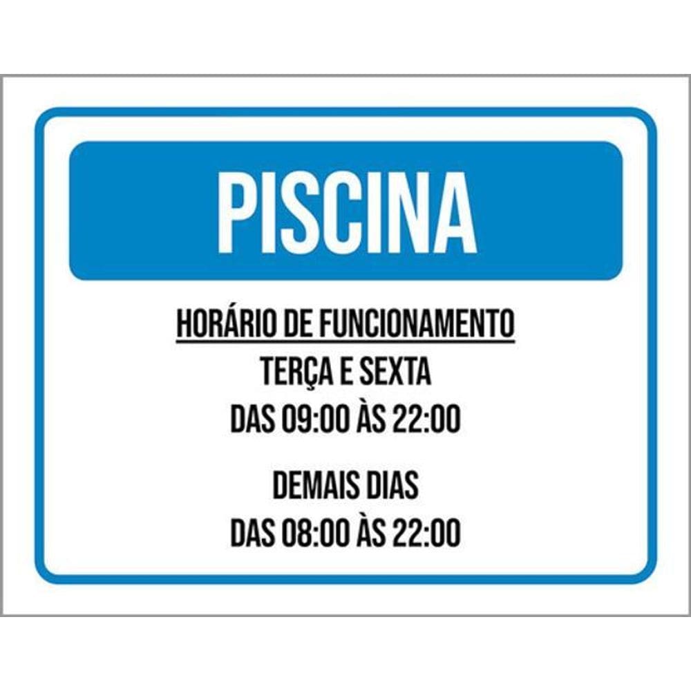 Kit 5 Placas Piscina Horários Funcionamento 36X46