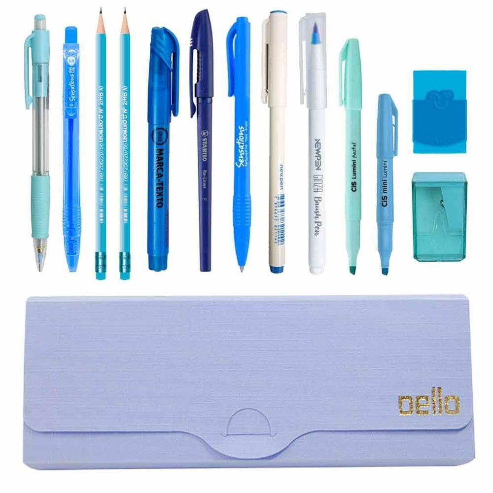 Kit Estojo Tons De Azul Escolar Completo
