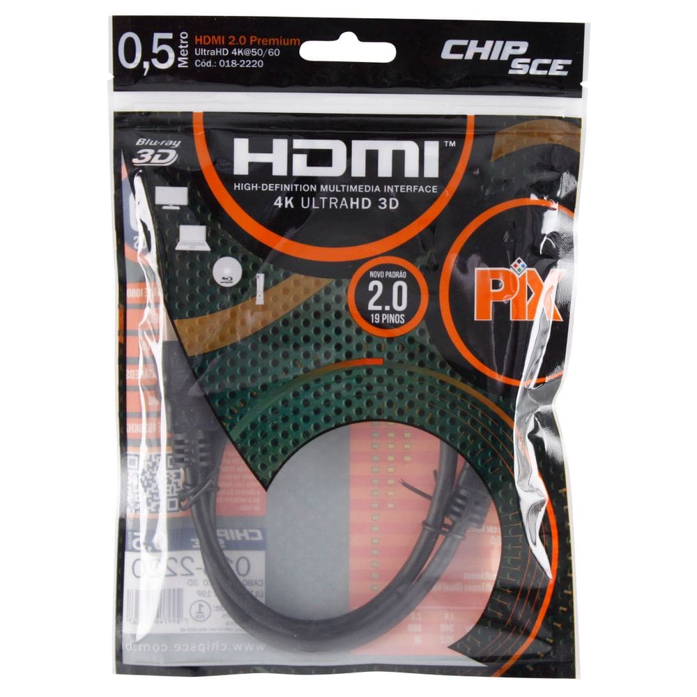 Cabo Hdmi 50cm 2.0 19 Pinos Ethernet 0,5 Metro 4kultra Hd 3d