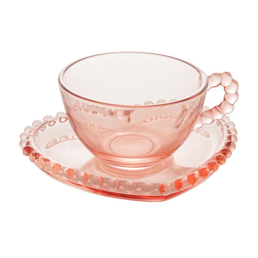 Xícaras Chá 4Pçs Cristal Pires Coração Rosa 180ml