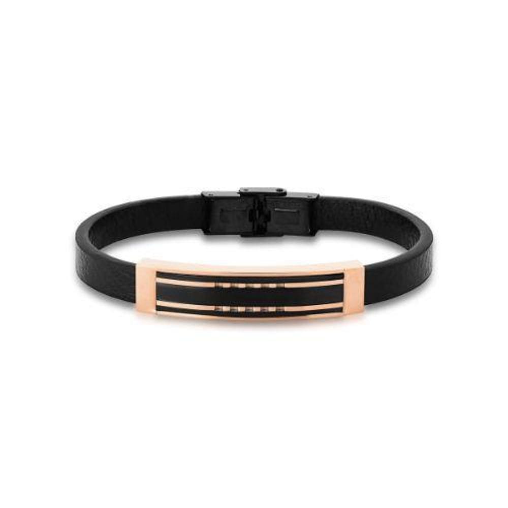 Pulseira Masculina Courino Preto E Placa Trabalhada Em Aço