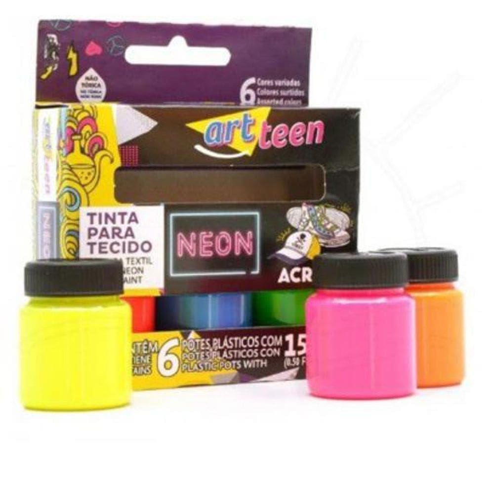Tinta Para Tecido Art Teen - Acrilex C/ 6 Cores Neon 15Ml