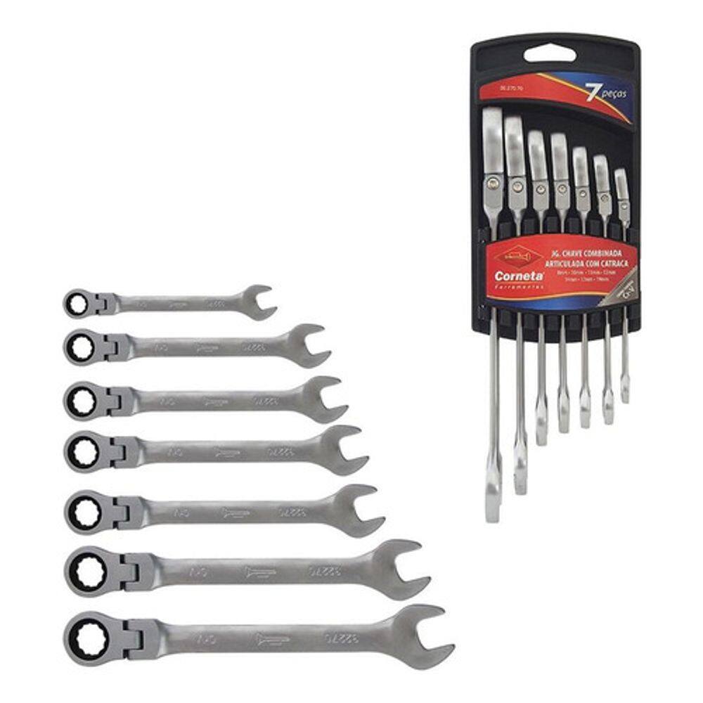Kit Chave Combinada Catraca Articulada Aço 7pcs Corneta Boca
