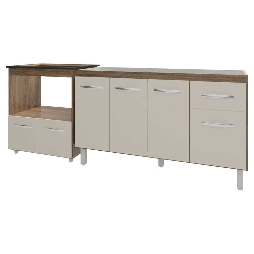 Balcão Cozinha Gabinete de Pia 140 cm Camila e Balcão Evelyn Para Fogão Cooktop 5 Bocas e Forno Elétrico Savana Off White