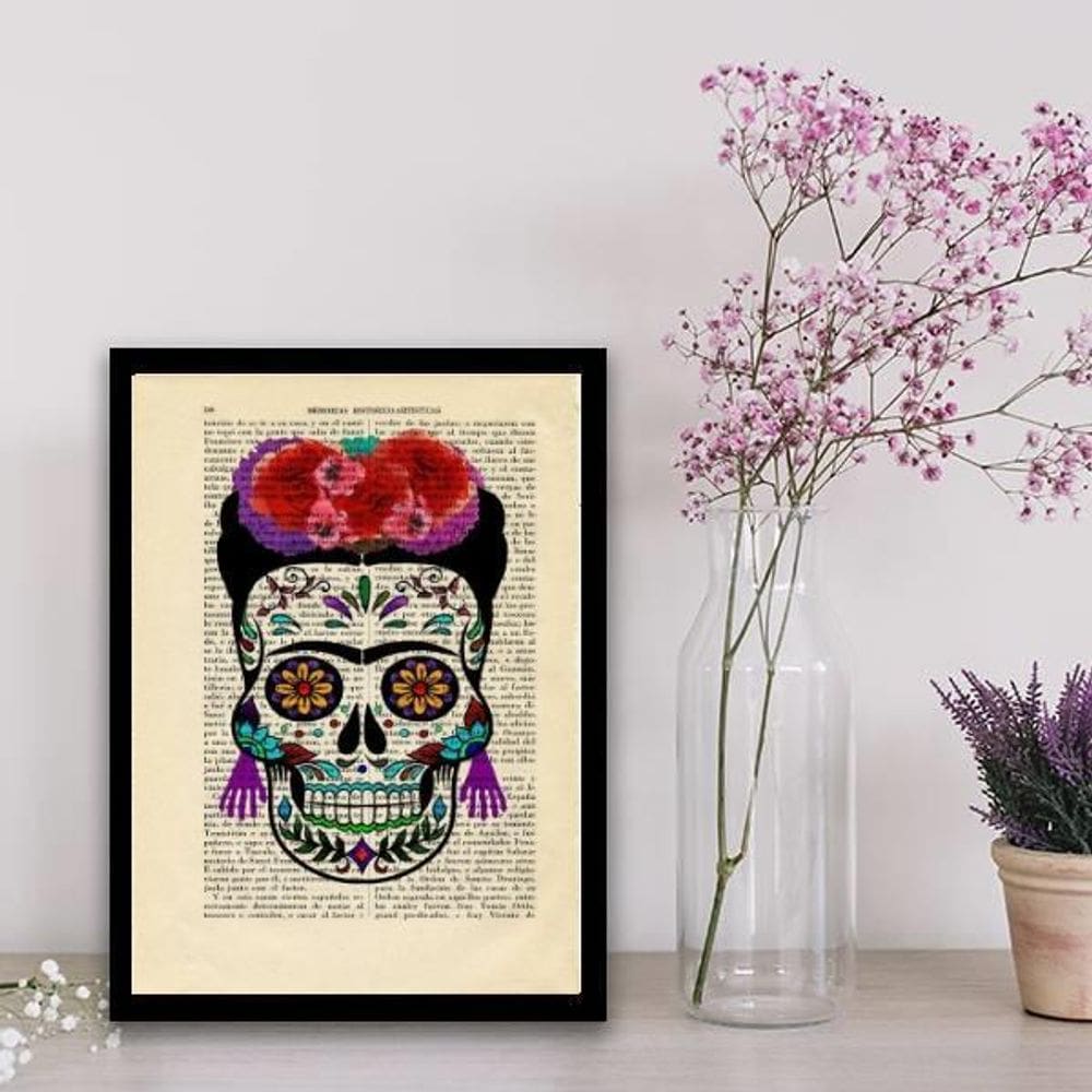 Quadro Caveira Mexicana Feminino 33X24Cm - Madeira Preta