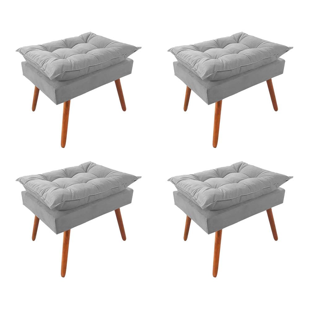 Kit 4 Puff Opala Premium Almofadada para Decoração Sala de Estar - Veludo Cinza Claro