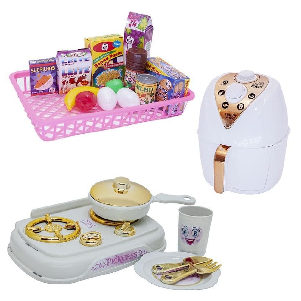 Cozinha Infantil Menina Branco Mercado Air Fryer Fogão 20Pç