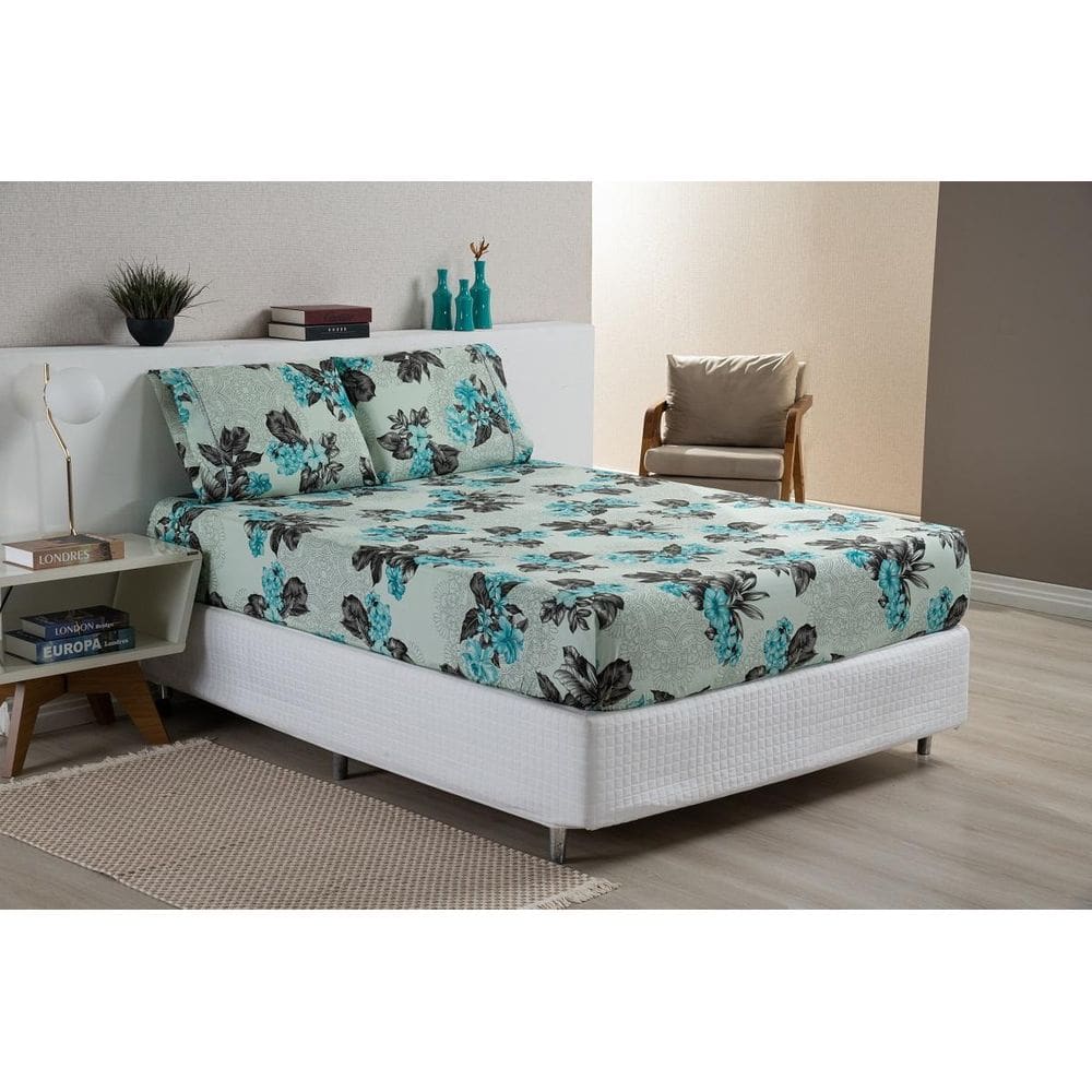 Jogo De Lençol Estampado Para Cama Box Casal Flores Verdes
