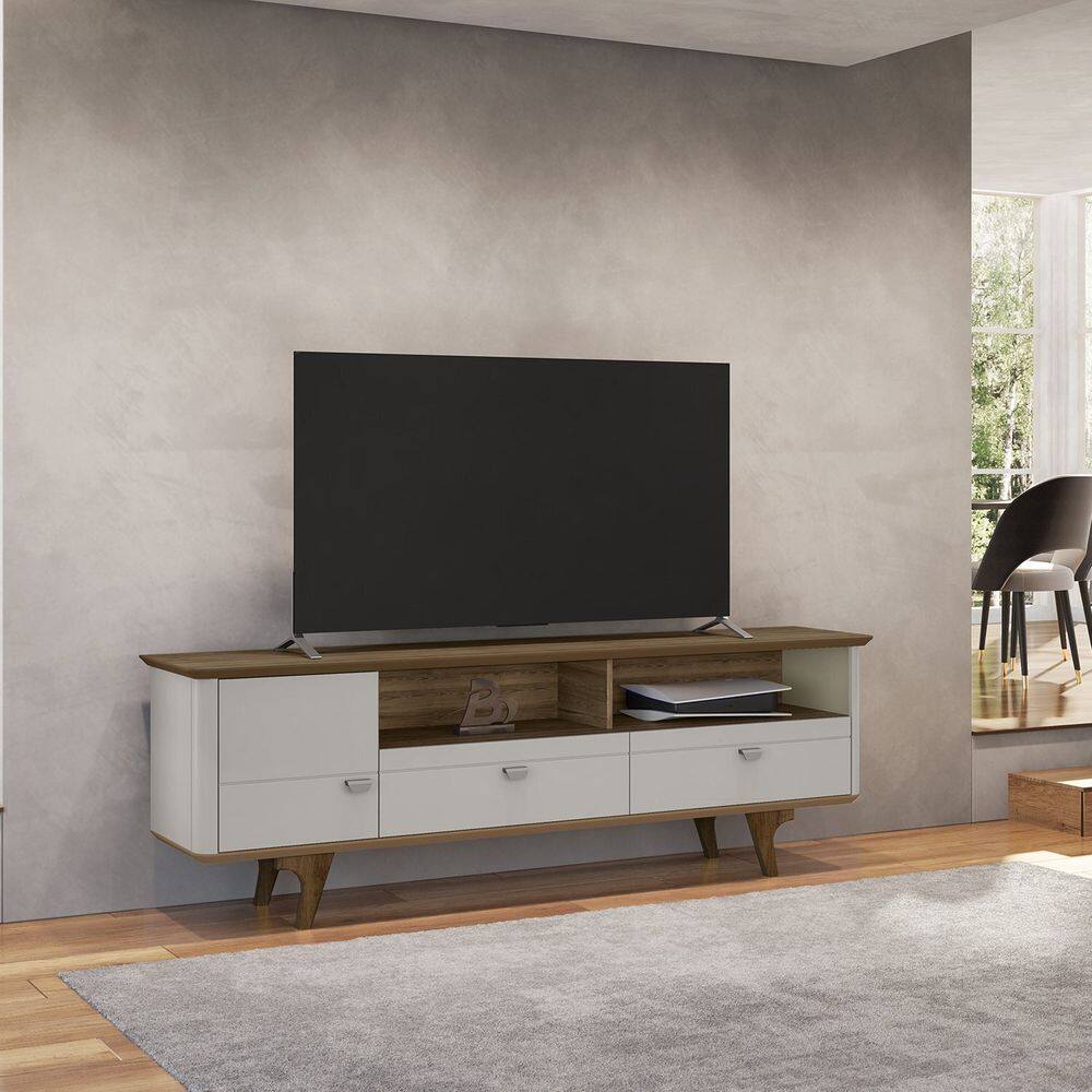 Rack para Tv até 70 Polegadas Pés de Madeira Maciça 1 Porta 2 Gavetas e Friso Decorativo Atenas Off-White/Ipê