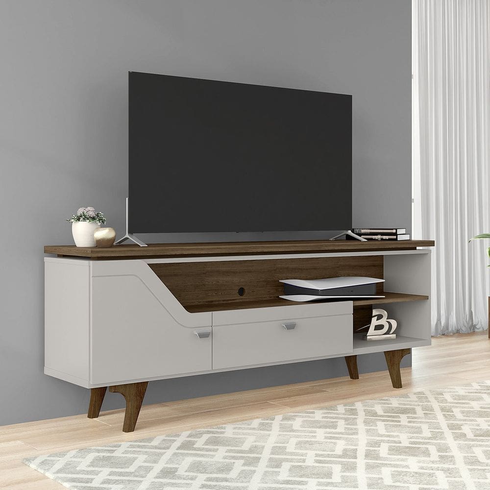 Rack para Tvs até 65 Polegadas Sevilha Design Curvo e com Frisos Decorativos 1 Porta 1 Gaveta Off White/Ipê