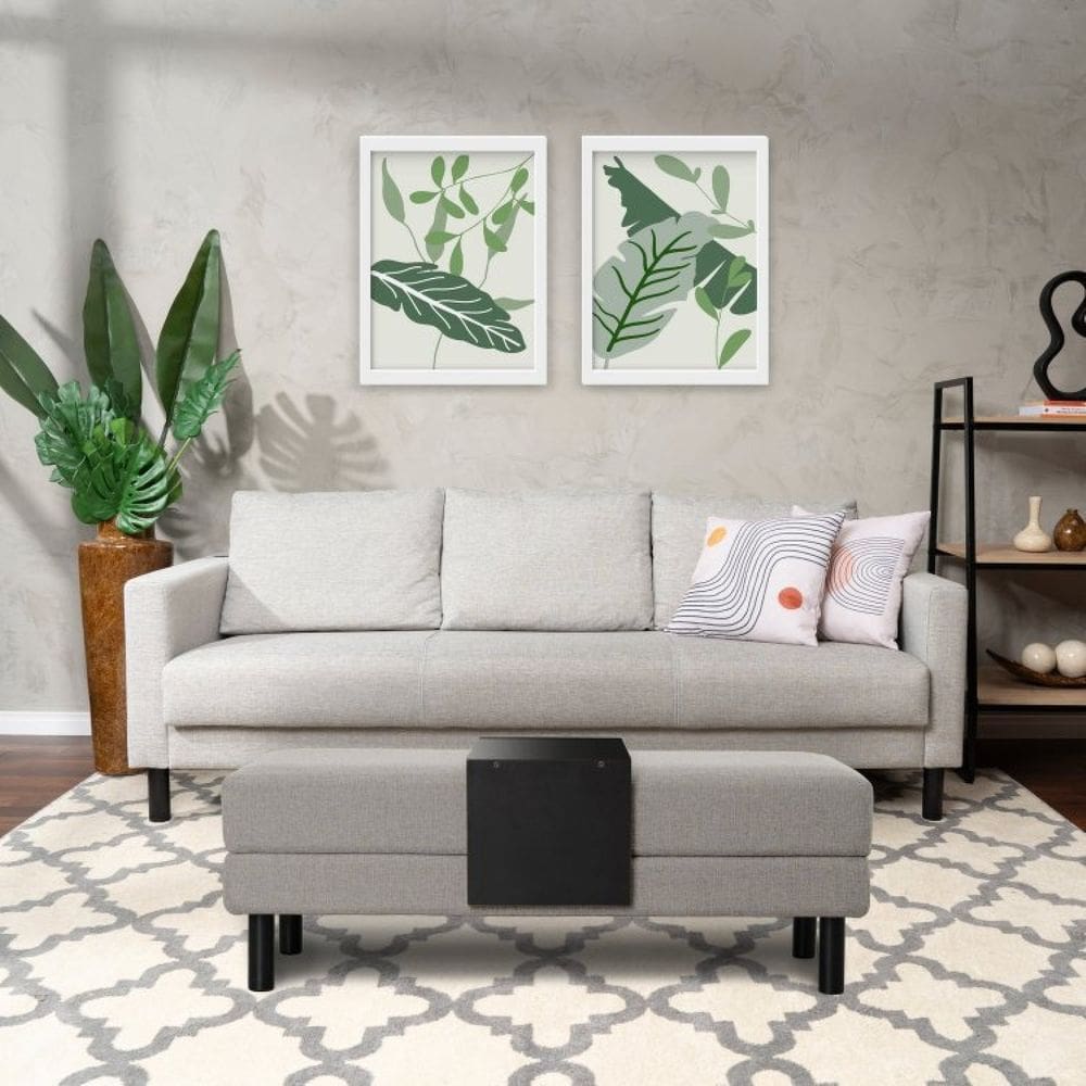 Conjunto Sofá 3 Lugares com Puff Baú 60cm e Bandeja Antúrio CabeCasa MadeiraMadeira Cinza