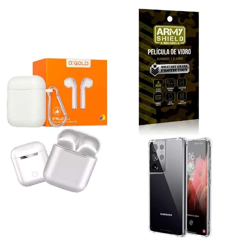 Kit Fone Sem Fio + Capinha Samsung S21 Ultra + Película 3D