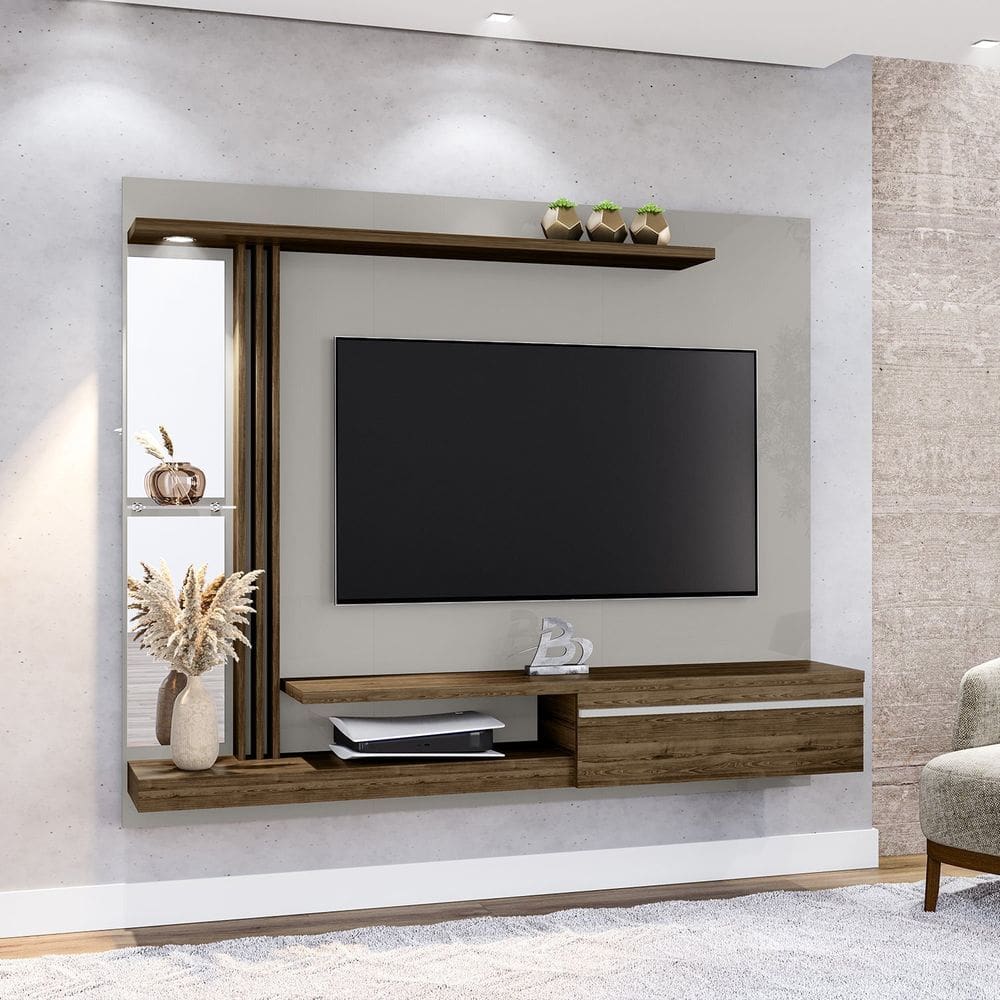 Painel Denver para Tvs 55 Polegadas Led Elétrico e Prateleira de Vidro Off White/Ipê