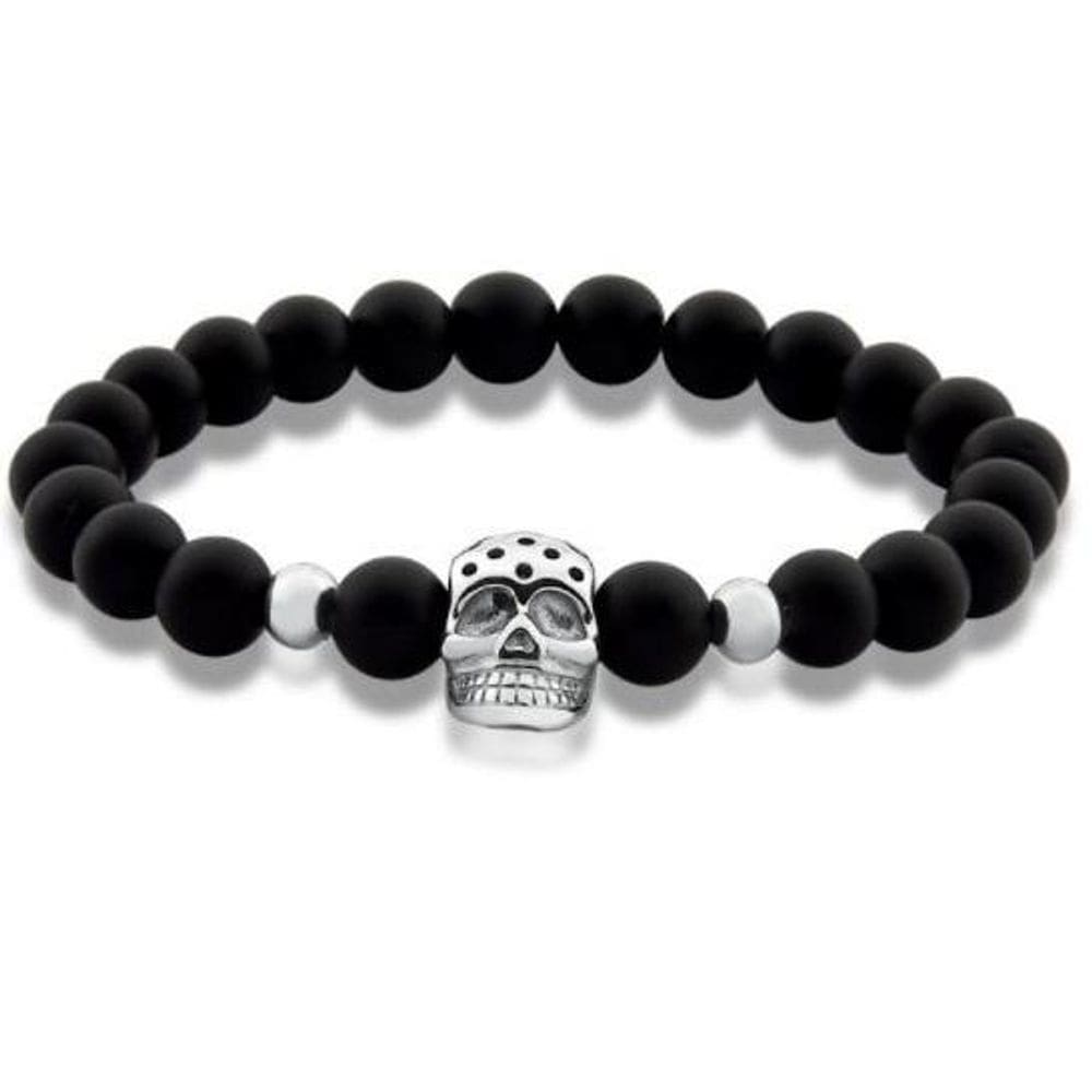 Pulseira Masculina Pedras Vulcânicas Caveira Aço Preta