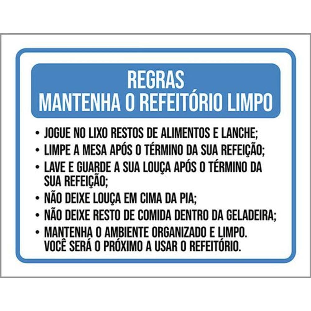 Kit 3 Placas Regras Mantenha Refeitório Limpo Lixo Limpe