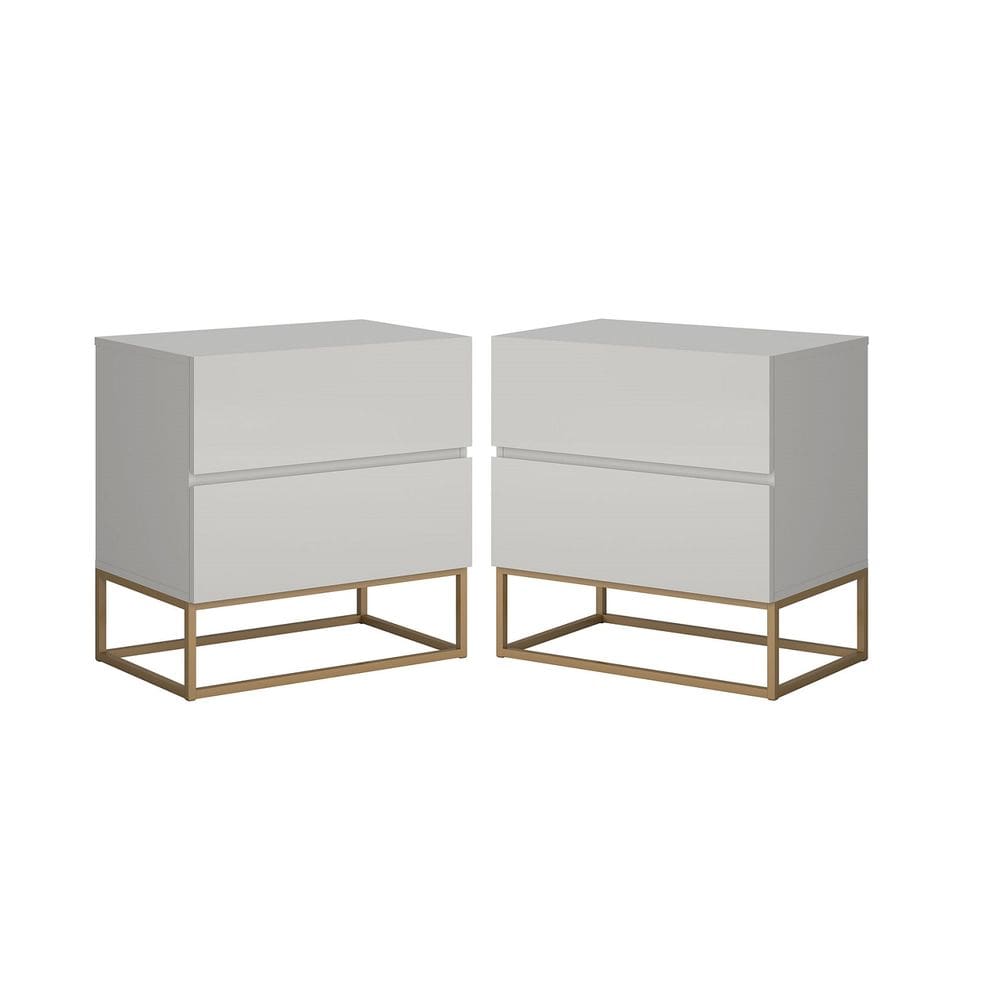2 Mesa de Cabeceira Apoio Estilo Industrial 2 Gavetas Eros 45 Base Dourado Cor:Off White