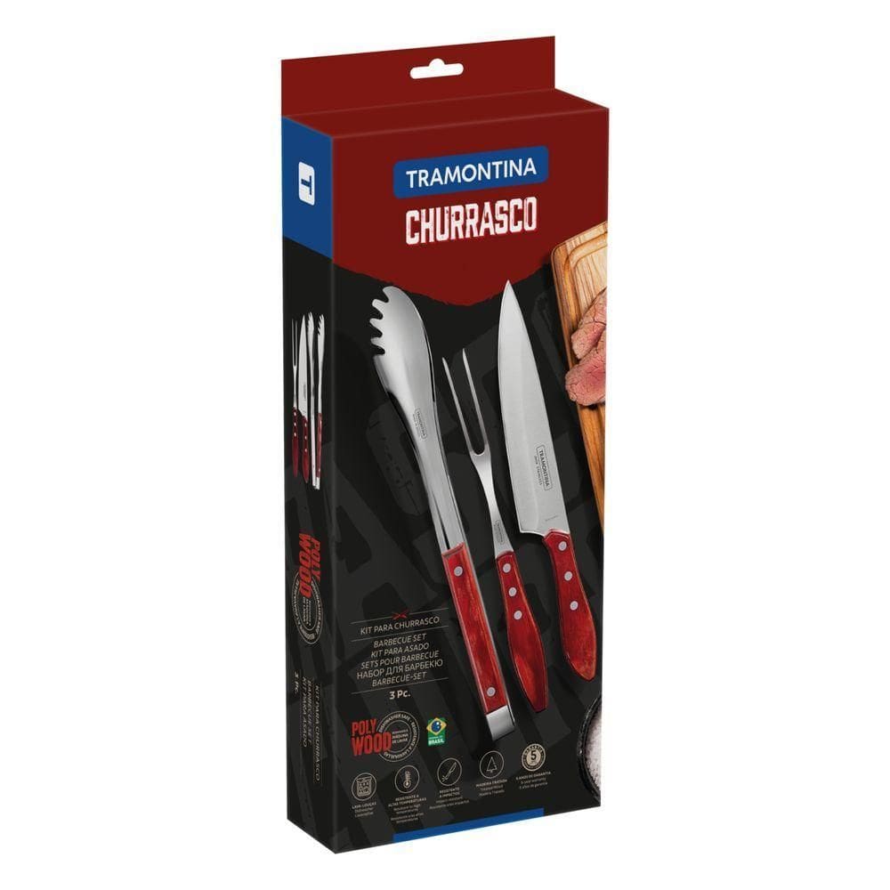 Jogo Para Churrasco Tramontina Em Aço Inox Com Cabo Vermelho Polywood 3 Peças