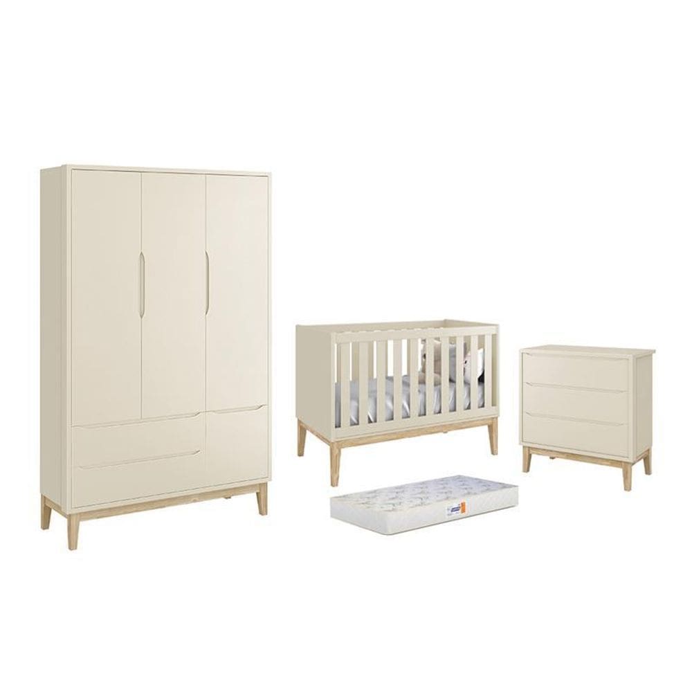Dormitório Classic 3 Portas, Cômoda 3 Gavetas com Pés Madeira Natural e Colchão D18 - Reller Móveis