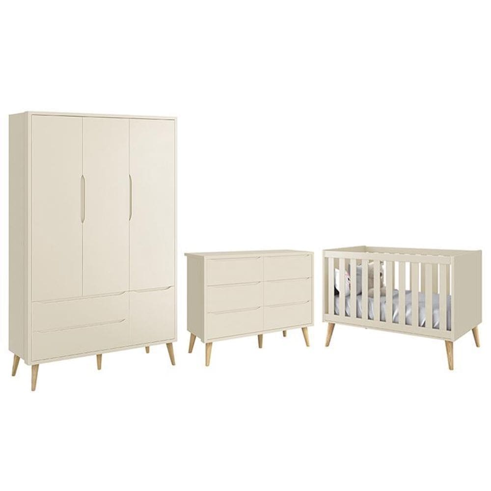 Dormitório Completo Infantil Theo 3 Portas, Cômoda 6 Gavetas e Berço com Pés Madeira Natural - Reller Móveis