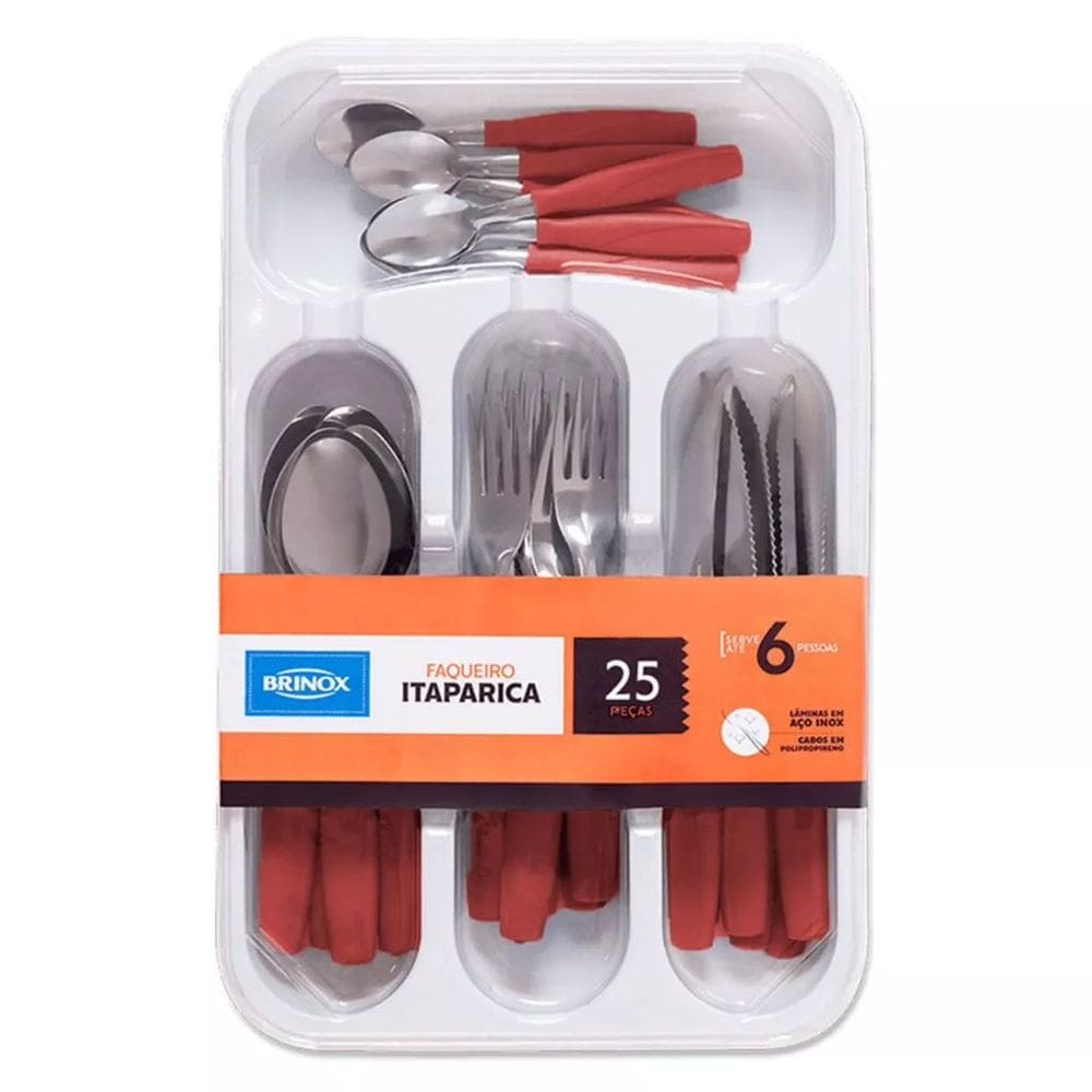 Faqueiro Itaparica Vermelho Brinox 25 Peças com Gaveteiro
