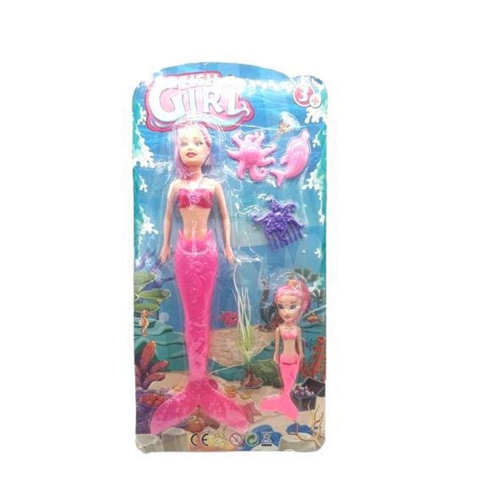 Boneca Sereia 30Cm + Mini Sereia + Acessórios Cartela