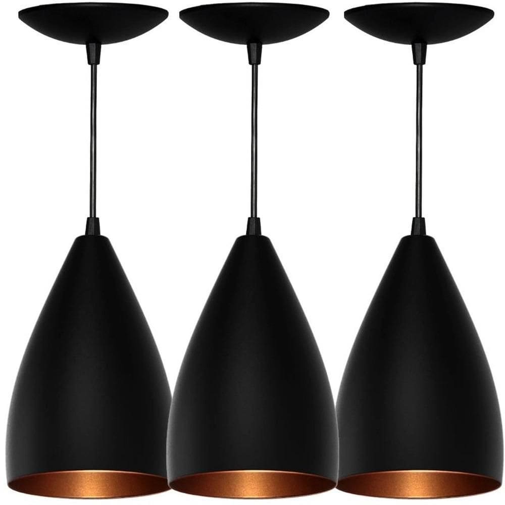 Kit 3 Pendentes Vegas  preto Textura / Bronze