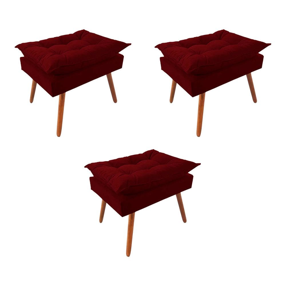 Kit 3 Puff Opala Premium Almofadada para Decoracao Sala de Estar Veludo Vermelho Marsala