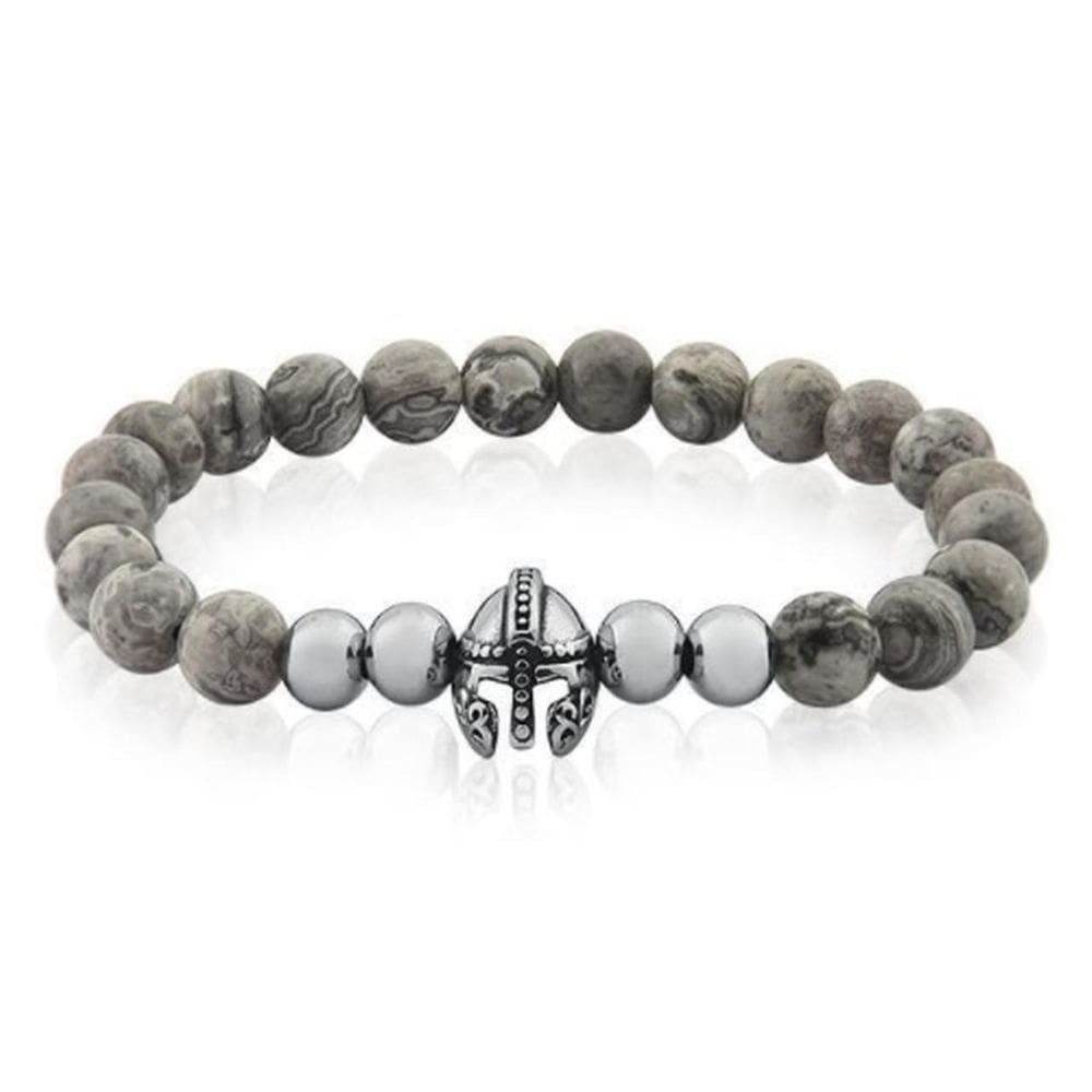 Pulseira Masculina Pedras Cor Cinza Mesclada E Pingente Elmo