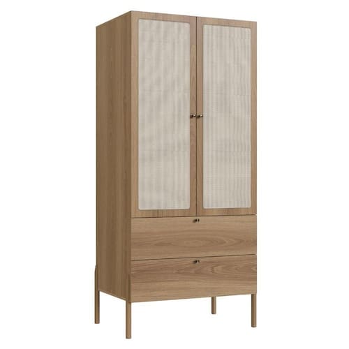imagem-Guarda Roupa 2 portas Oslo Artesano 80 cm (larg) MDP Hanover Palha Sintética Bege Pé Madeira Maciça - Marrom