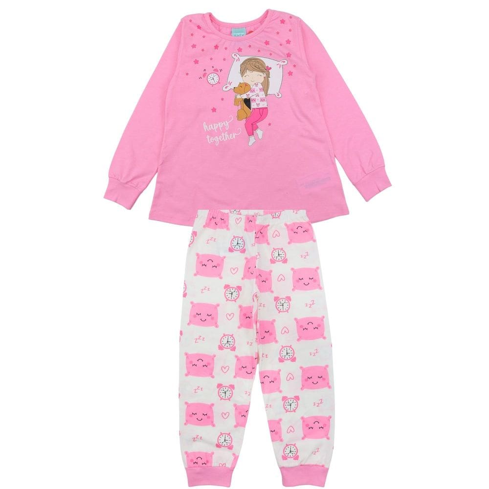 Pijama Kyly Infantil Menina Rosa e Off White Brilha no Escuro