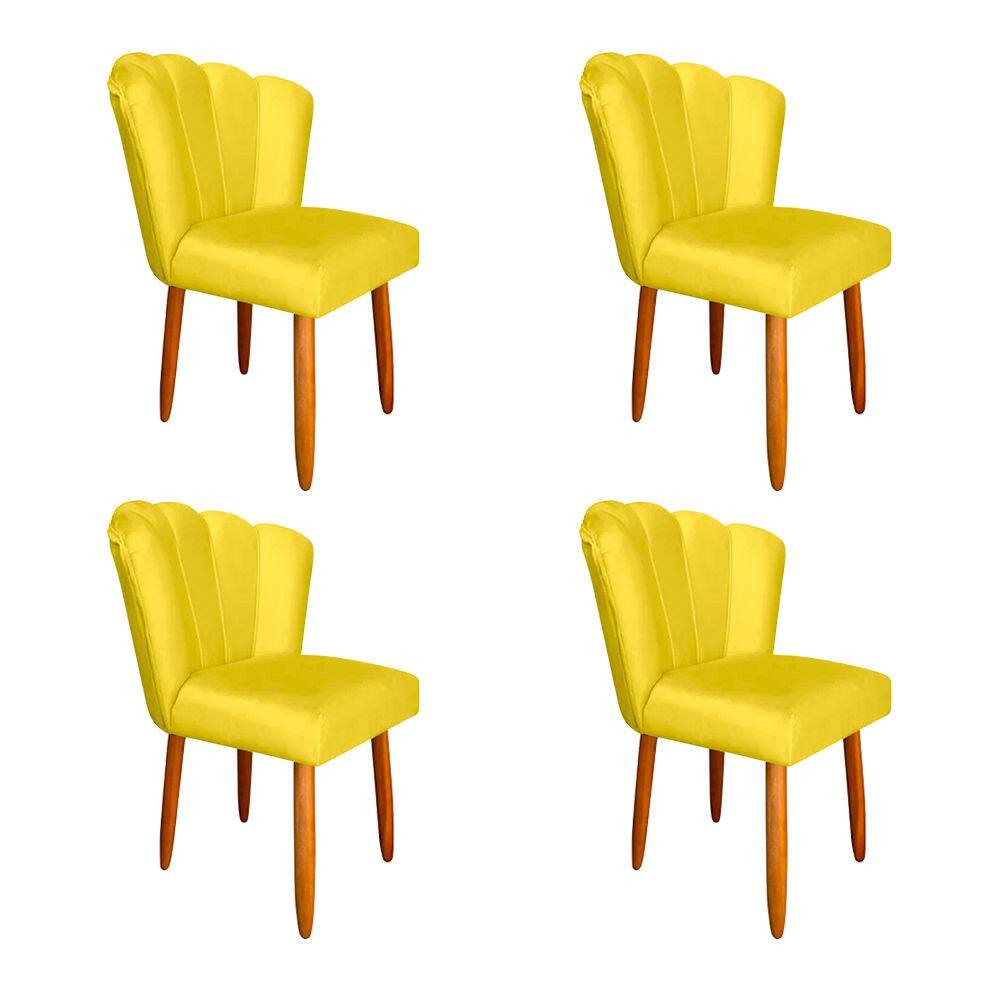 Kit 4 Cadeiras Estofada Petala Pes Palito Veludo Amarelo