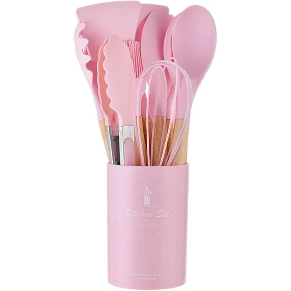 Kit Utensílios de Cozinha em Silicone Jogo com 12 Peças Conjunto de Utensilios Para Cozinha Silicone Cabo de Madeira