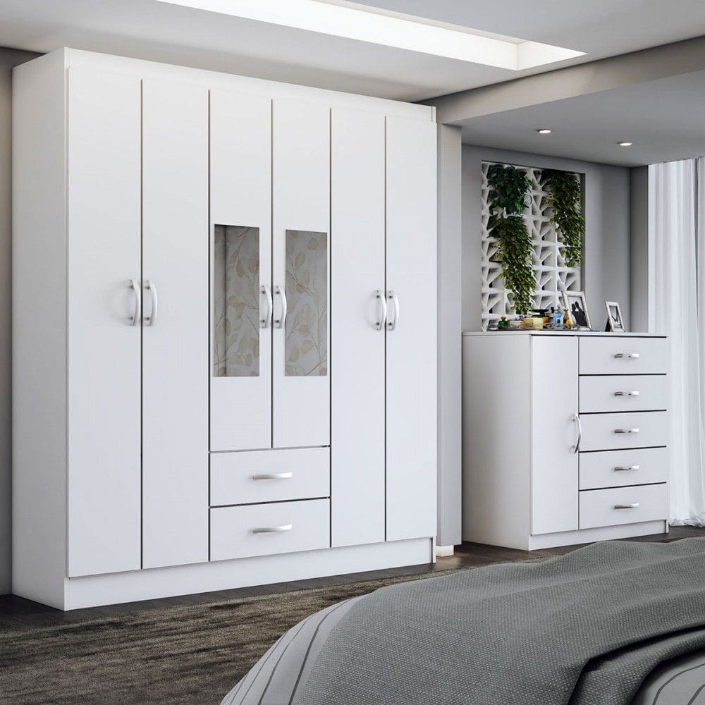 Guarda-Roupa Casal Adam 6 Portas 2 Gavetas e Espelho com Cômoda 1 Porta 5 Gavetas Branco - Panorama Móveis
