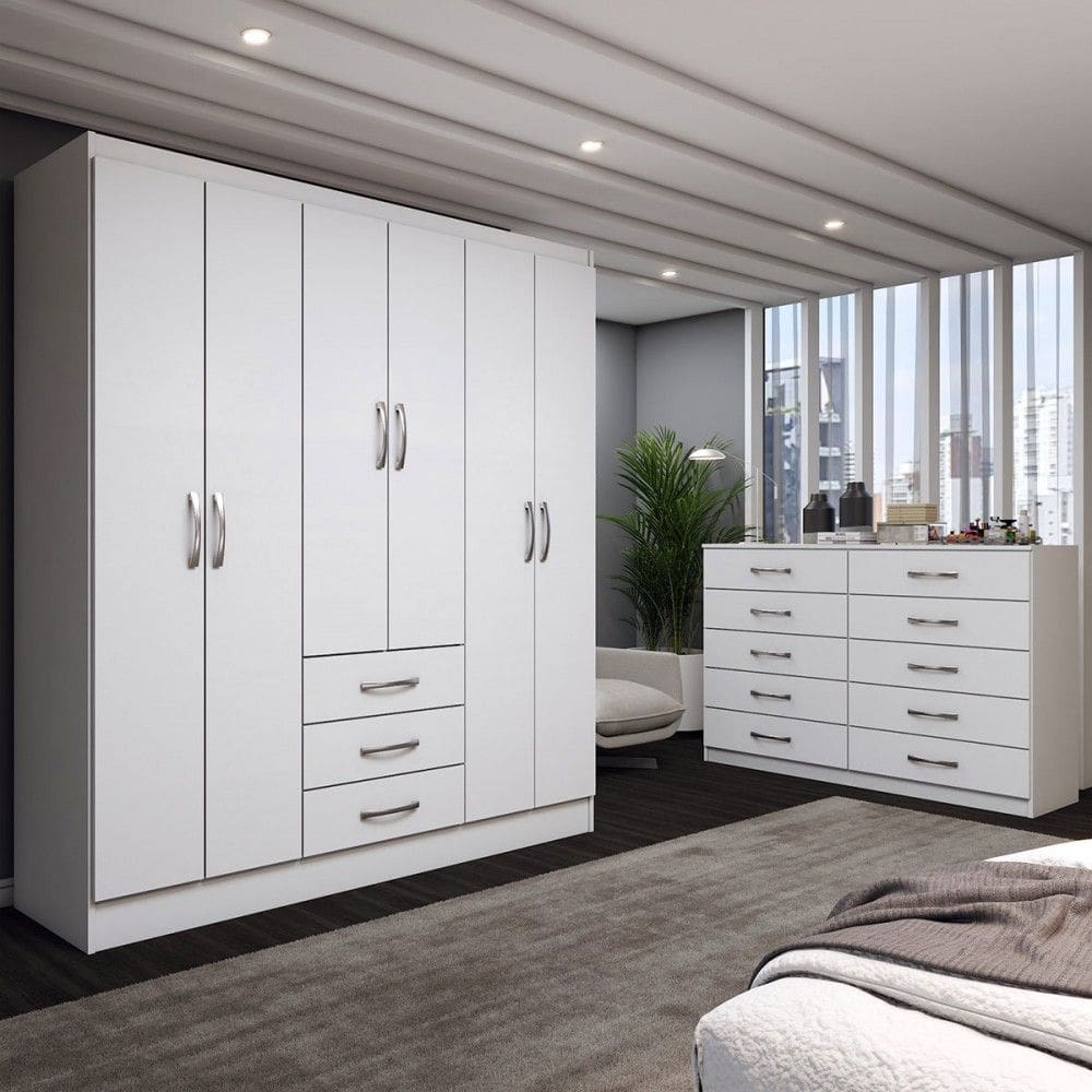 Guarda-Roupa Casal Lydia 6 Portas 3 Gavetas com Cômoda 10 Gavetas Branco - Panorama Móveis