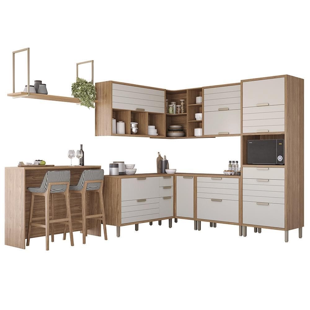 Cozinha Modulada Eloise 9 Peças com Ilha Gourmet e Prateleira Suspensa - MGM
