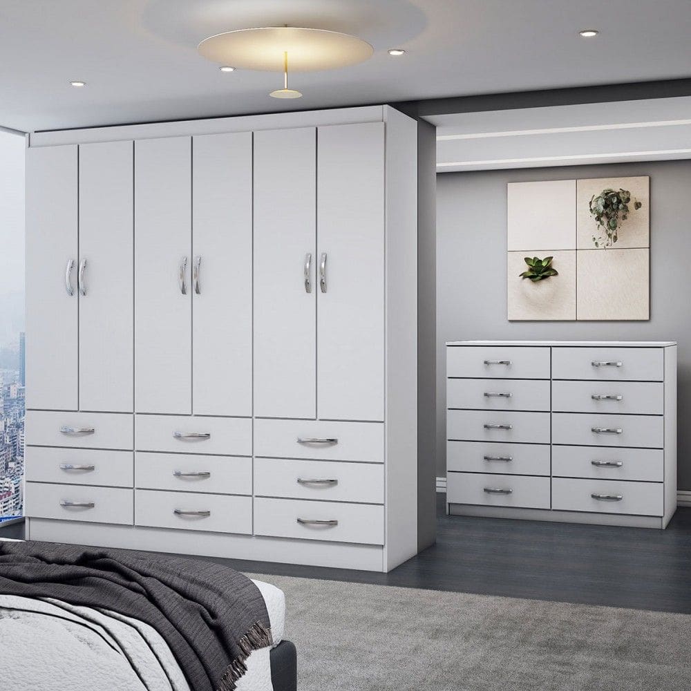 Guarda-Roupa Casal Ruby 6 Portas 9 Gavetas com Cômoda 10 Gavetas Branco - Panorama Móveis