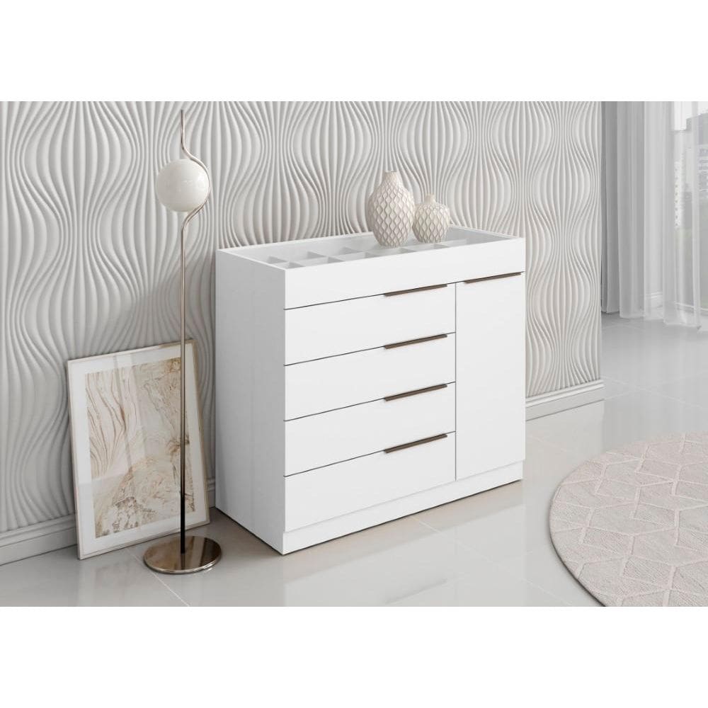 Cômoda com Porta Jóias Mostrador de Vidro Sevilha 1 Porta 5 Gavetas Branco - Aramoveis