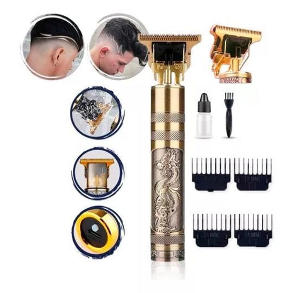 Cortador Dragão Dourado - Lâminas Titanium, 4 Pentes, Bateria 18,500mAh