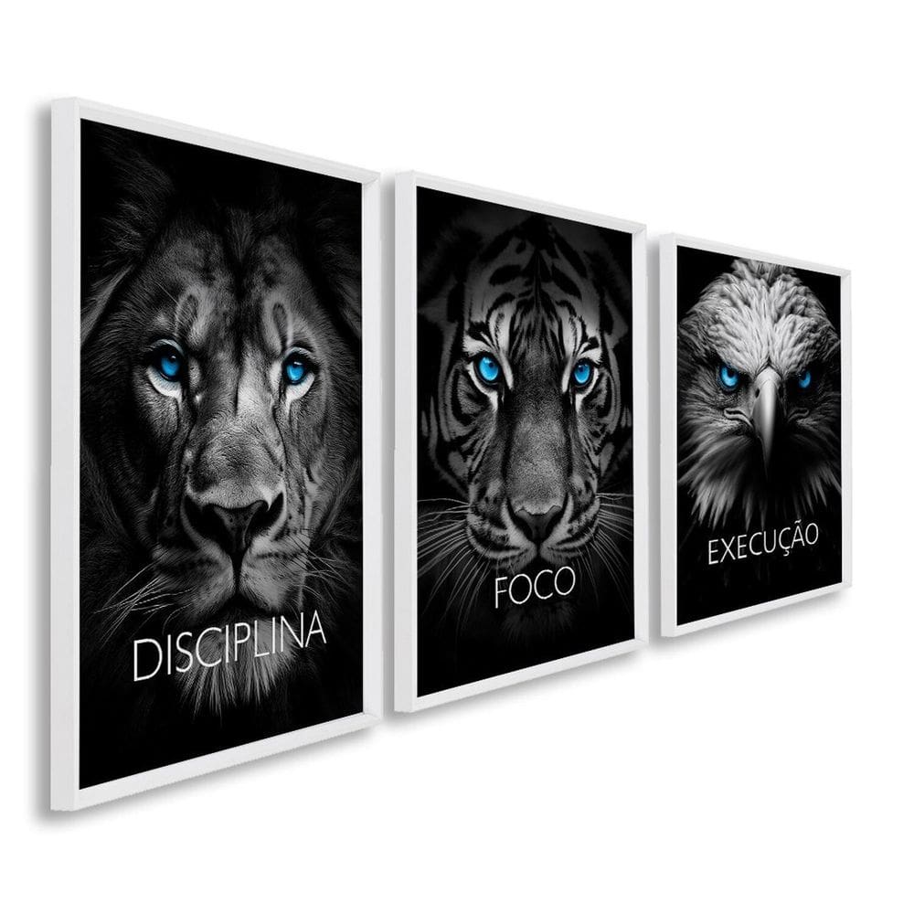 Quadro Decorativo Disciplina Foco Execução 60x90cm Leão Tigre Águia para Sala, Escritório, Hall Branco