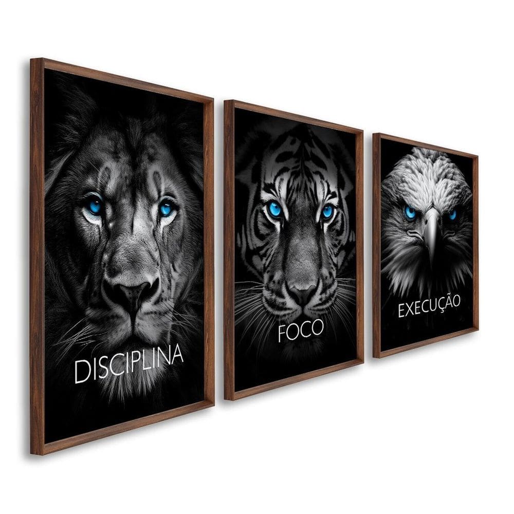 Quadro Decorativo Disciplina Foco Execução 60x90cm Leão Tigre Águia para Sala, Escritório, Hall Marrom