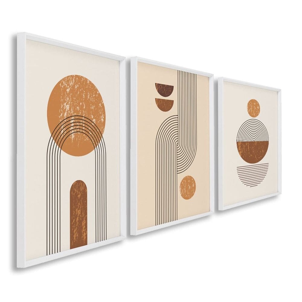 Quadro Decorativo Geométrico Linhas e Formas 3 Telas 60x90cm para Escritório, Hall, Quarto Branco
