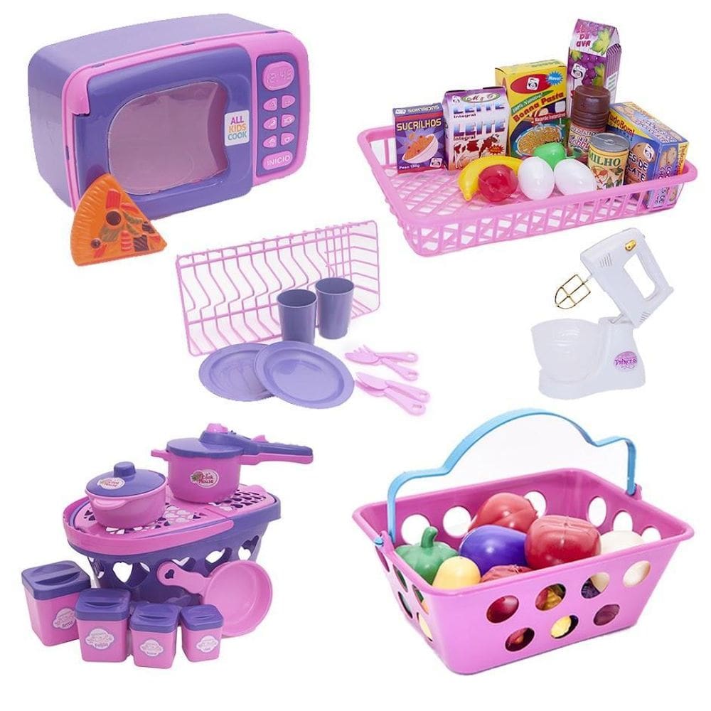Kit Brinquedo Cozinha Eletro Panela Cesta Comida 46 Peças